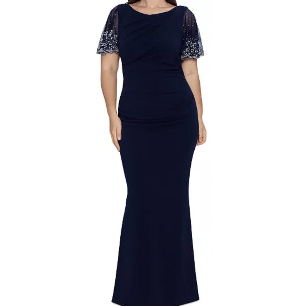 BETSY ADAM  sz 12 navy blue silver embellished mermaid dress gown NWT